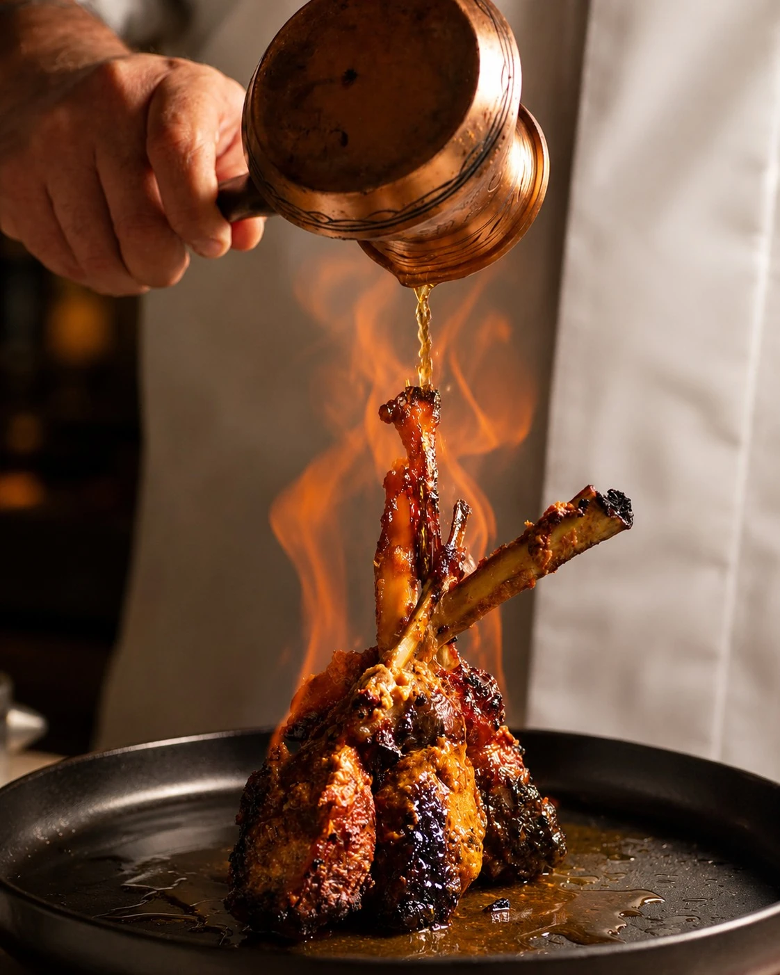 Lamb chops finished tableside with a dramatic flame